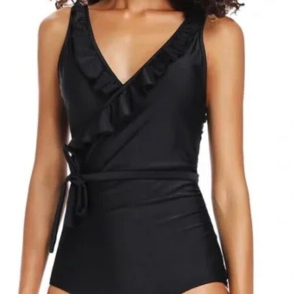 NWT DixPerfect Hermosa Swimsuit Size Large Black Ruffle Wrap Tie One Piece - Picture 1 of 12